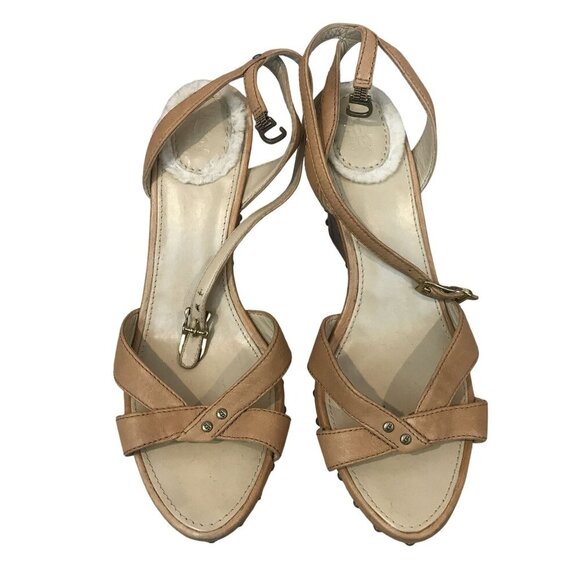 UGG Australia Tan Leather Wedge Sandals Shearling Footbed Studded Size 8.5 - Picture 3 of 12